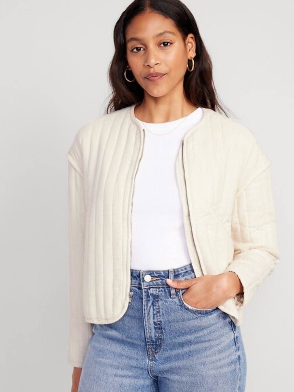 NWT Old Navy Quilted Bomber Jacket in Cozy Cashmere Cream - Size Large